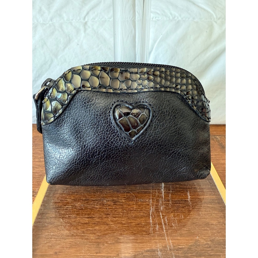 Brighton Black Leather Croc Trim Heart Cosmetic Pouch Leopard Lining